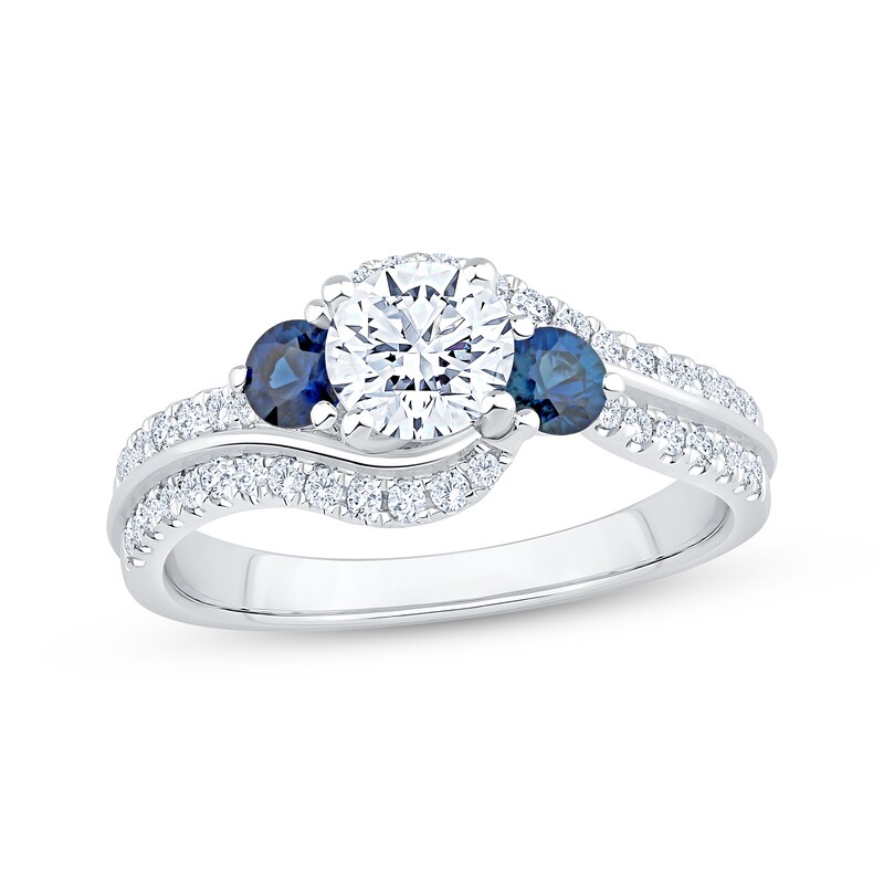 Main Image 1 of Memories Moments Magic Round-Cut Diamond & Blue Sapphire Three-Stone Bypass Engagement Ring 1 ct tw 14K White Gold
