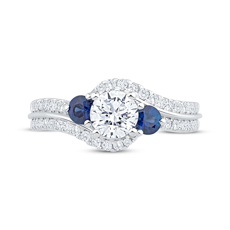 Main Image 3 of Memories Moments Magic Round-Cut Diamond & Blue Sapphire Three-Stone Bypass Engagement Ring 1 ct tw 14K White Gold