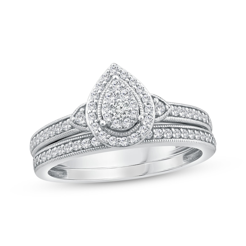 Main Image 1 of Adore Multi-Diamond Pear-Shape Milgrain Bridal Set 1/3 ct tw 10K White Gold
