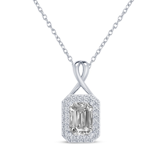Octagon-Cut White Lab-Created Sapphire Halo Necklace Sterling Silver 18"