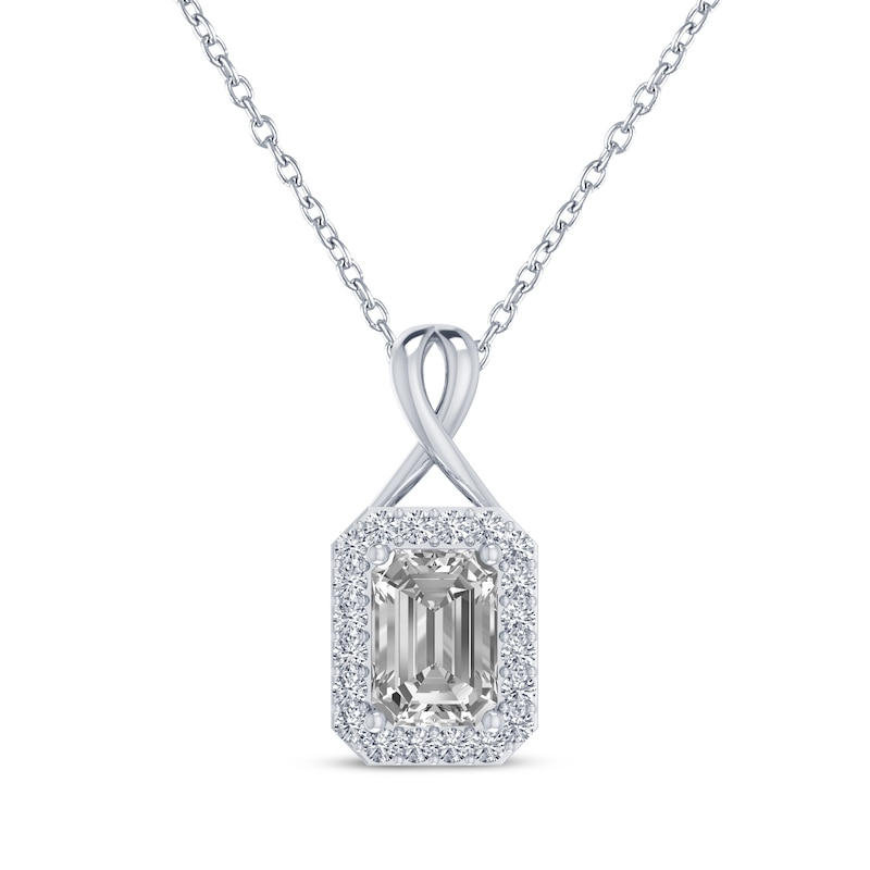 Main Image 1 of Octagon-Cut White Lab-Created Sapphire Halo Necklace Sterling Silver 18"