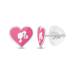 Children's Barbie Heart Pink Enamel Stud Earrings Sterling Silver