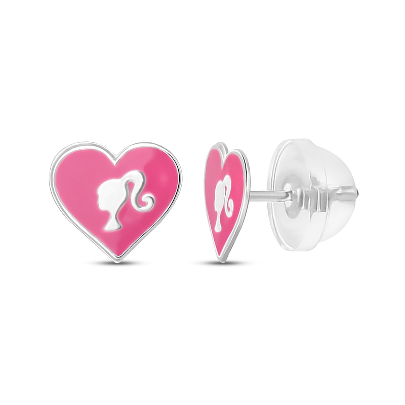 Main Image 1 of Children's Barbie Heart Pink Enamel Stud Earrings Sterling Silver