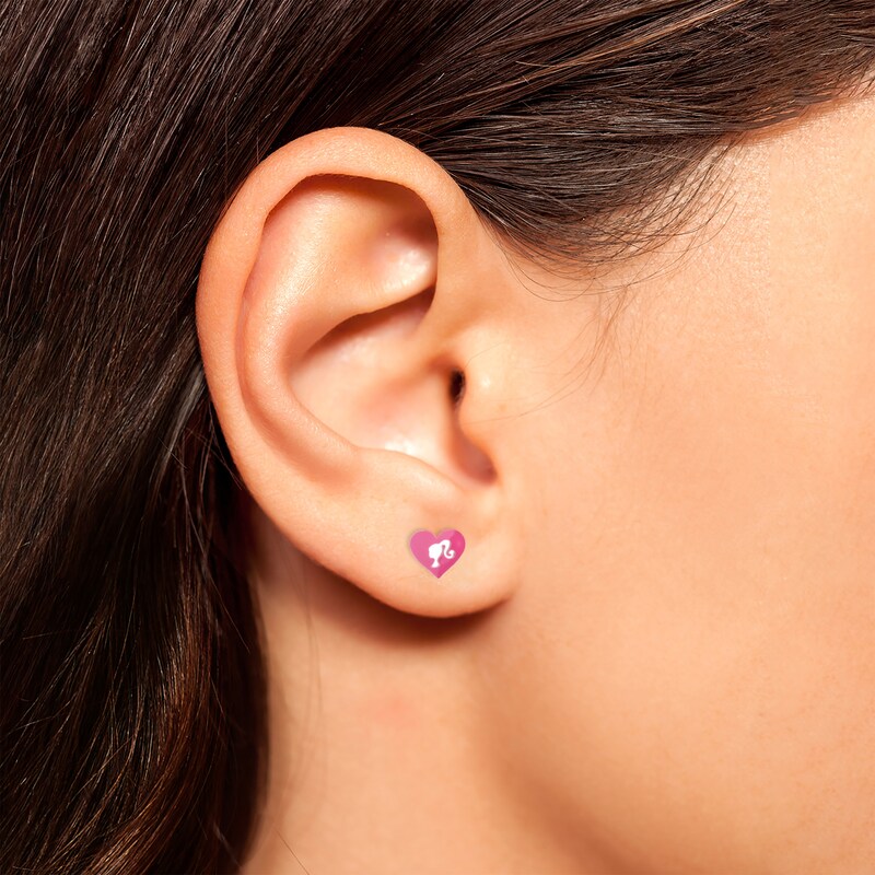 Main Image 3 of Children's Barbie Heart Pink Enamel Stud Earrings Sterling Silver