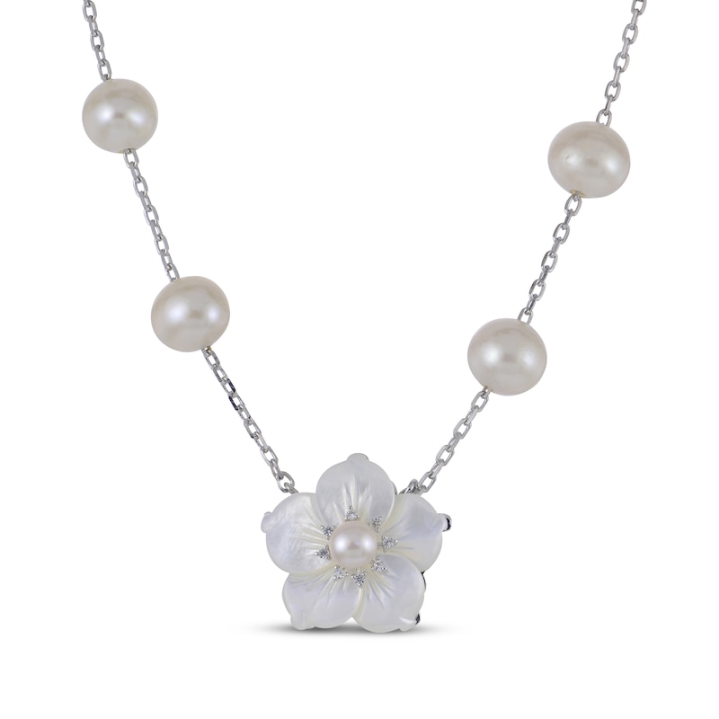 Main Image 1 of White Lab-Created Sapphire, Mother-of-Pearl Flower & Cultured Pearl Station Necklace Sterling Silver 18"
