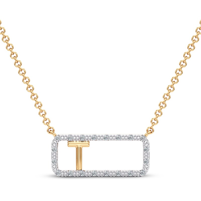 Main Image 1 of Diamond T Initial Rectangle Necklace 1/10 ct tw 10K Yellow Gold 18"