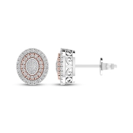 Multi-Diamond Oval Double Halo Earrings 1/5 ct tw Sterling Silver & 10K Rose Gold