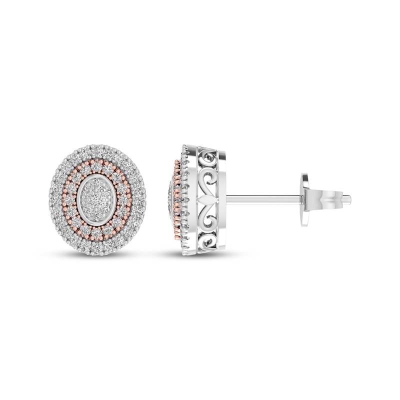 Main Image 1 of Multi-Diamond Oval Double Halo Earrings 1/5 ct tw Sterling Silver & 10K Rose Gold