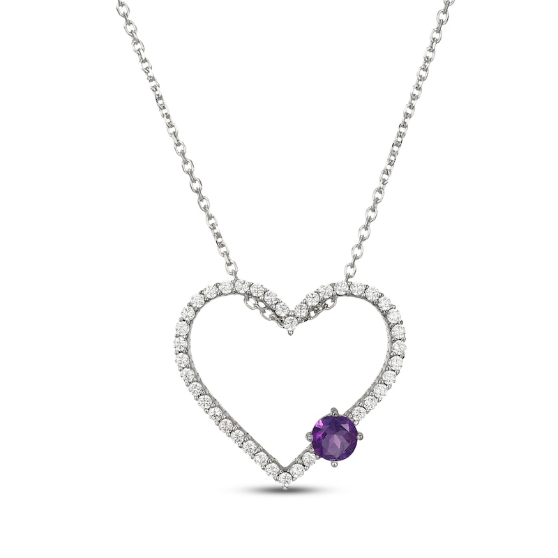 Main Image 1 of Amethyst & White Lab-Created Sapphire Heart Necklace Sterling Silver 18"