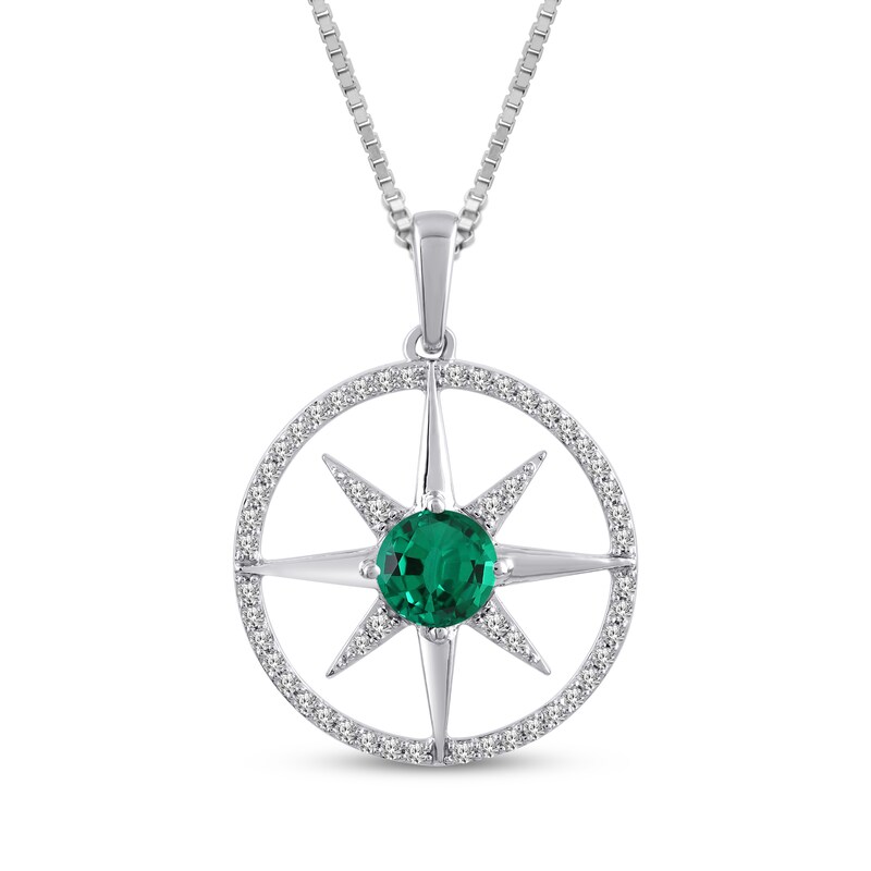 Main Image 1 of Lab-Created Emerald & White Lab-Created Sapphire Star Circle Necklace Sterling Silver 18"