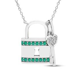 Lab-Created Emerald & White Lab-Created Sapphire Lock & Key Charm Necklace Sterling Silver 18"