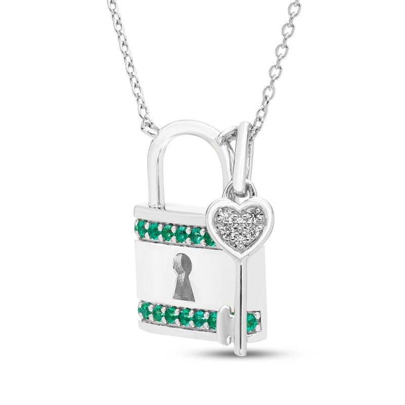 Main Image 2 of Lab-Created Emerald & White Lab-Created Sapphire Lock & Key Charm Necklace Sterling Silver 18"