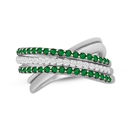 Lab-Created Emerald & White Lab-Created Sapphire Three-Row Crossover Ring Sterling Silver