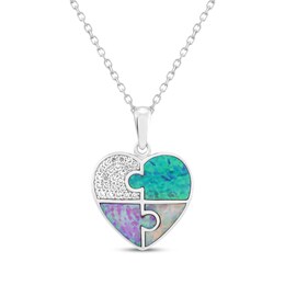 Multi-Color Lab-Created Opal & White Lab-Created Sapphire Puzzle Heart Necklace Sterling Silver 18"
