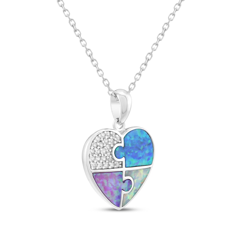 Main Image 2 of Multi-Color Lab-Created Opal & White Lab-Created Sapphire Puzzle Heart Necklace Sterling Silver 18"