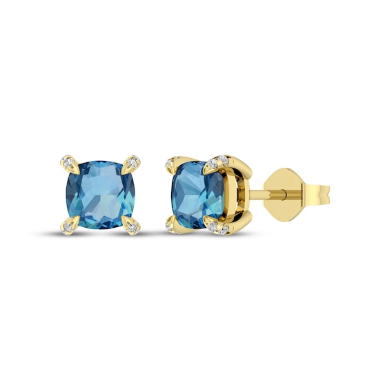 Cushion-Cut Swiss Blue Topaz & Diamond Accent Stud Earrings 10K Yellow Gold