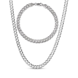 Diamond-Cut Flat Curb Chain Necklace & Bracelet Gift Set Solid Sterling Silver