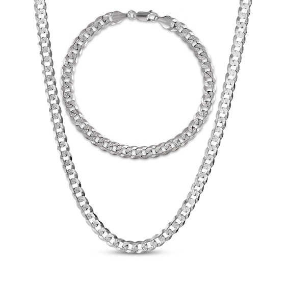 Diamond-Cut Flat Curb Chain Necklace & Bracelet Gift Set Solid Sterling Silver