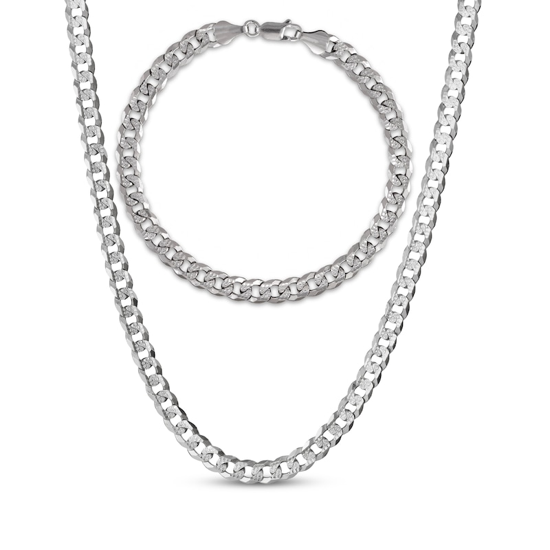 Main Image 1 of Diamond-Cut Flat Curb Chain Necklace & Bracelet Gift Set Solid Sterling Silver
