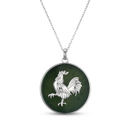Nephrite Jade Year of the Rooster Chinese Zodiac Necklace Sterling Silver 18"