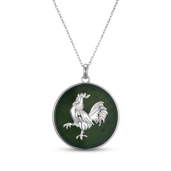 Nephrite Jade Year of the Rooster Chinese Zodiac Necklace Sterling Silver 18"