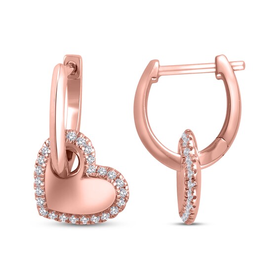 Diamond Hole Punch Heart Dangle Hoop Earrings 1/5 ct tw 10K Rose Gold