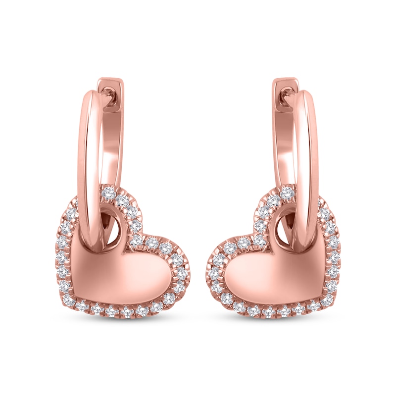 Main Image 2 of Diamond Hole Punch Heart Dangle Hoop Earrings 1/5 ct tw 10K Rose Gold