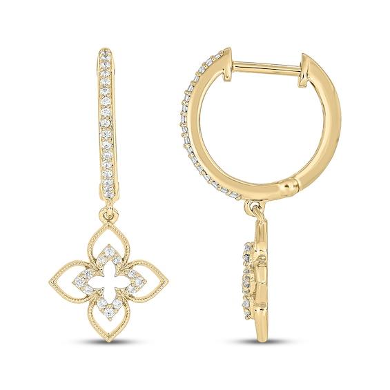 Diamond Clover Dangle Hoop Earrings 1/5 ct tw 24K Yellow Gold Vermeil Sterling Silver