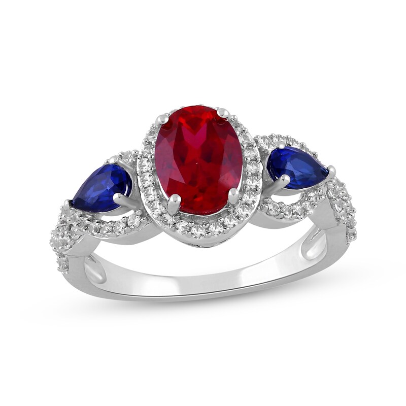 Main Image 1 of Oval-Cut Lab-Created Ruby, Pear-Shaped Blue Lab-Created Sapphire & White Lab-Created Sapphire Ring Sterling Silver