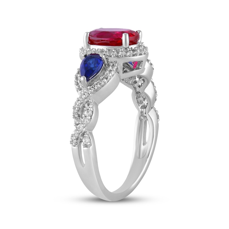 Main Image 2 of Oval-Cut Lab-Created Ruby, Pear-Shaped Blue Lab-Created Sapphire & White Lab-Created Sapphire Ring Sterling Silver