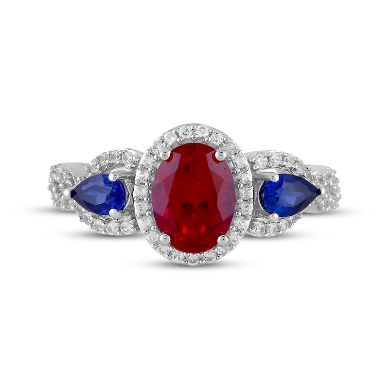 Main Image 3 of Oval-Cut Lab-Created Ruby, Pear-Shaped Blue Lab-Created Sapphire & White Lab-Created Sapphire Ring Sterling Silver