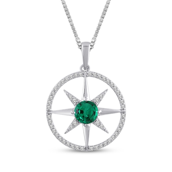 Lab-Created Emerald & White Lab-Created Sapphire Star Circle Necklace Sterling Silver 18"