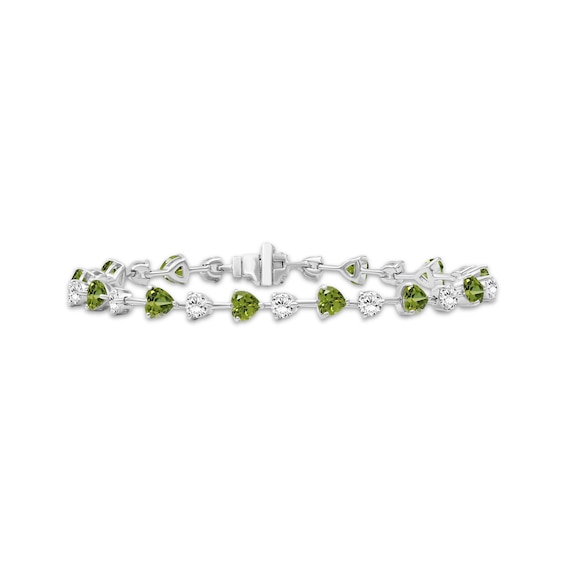 Heart-Shaped Peridot & White Lab-Created Sapphire Bracelet Sterling Silver 7.5"