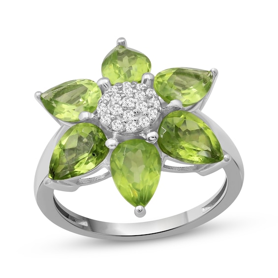 Pear-Shaped Peridot & White Lab-Created Sapphire Flower Ring Sterling Silver
