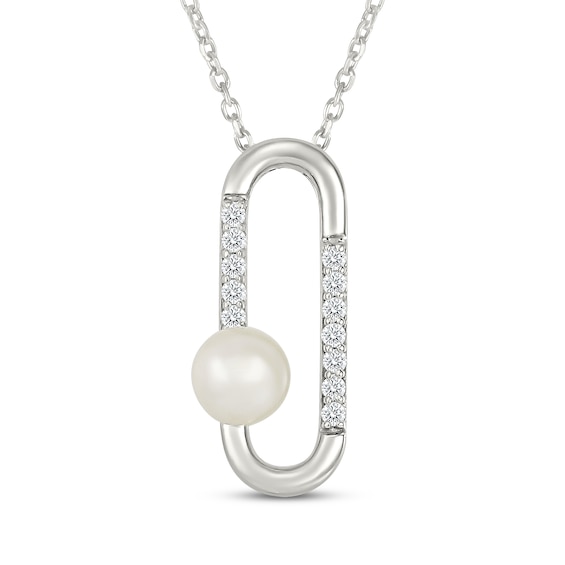 Cultured Pearl & White Lab-Created Sapphire Paperclip Necklace Sterling Silver 18"