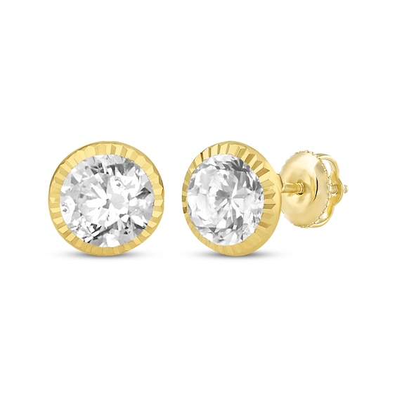 Cubic Zirconia Fluted Frame Solitaire Stud Earrings 14K Yellow Gold