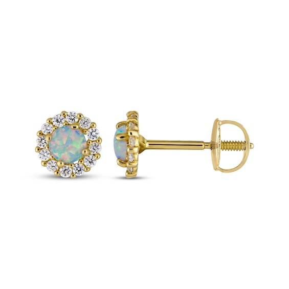 Children's Round-Cut Lab-Created Opal & Cubic Zirconia Stud Earrings 14K Yellow Gold