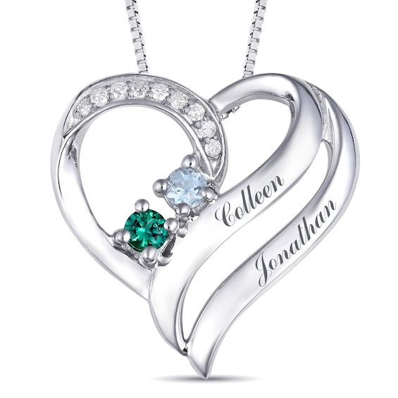 Couple's Birthstone Double Heart Necklace 1/20 ct tw Diamonds (2 Stones and Lines)