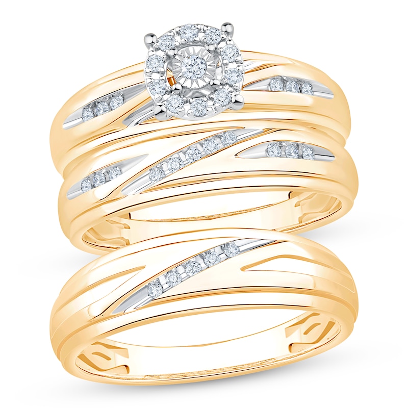 Main Image 1 of Adore His & Hers Round-Cut Diamond Three-Piece Bridal Set 1/4 ct tw 10K Yellow Gold