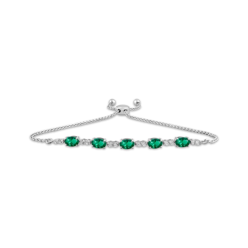 Main Image 1 of Oval-Cut Lab-Created Emerald & White Lab-Created Sapphire Bolo Bracelet Sterling Silver
