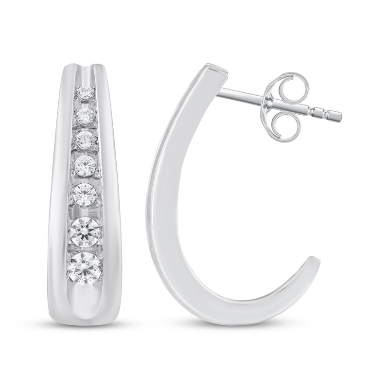 Main Image 3 of Diamond J-Hoop Earrings 1/4 ct tw 10K White Gold
