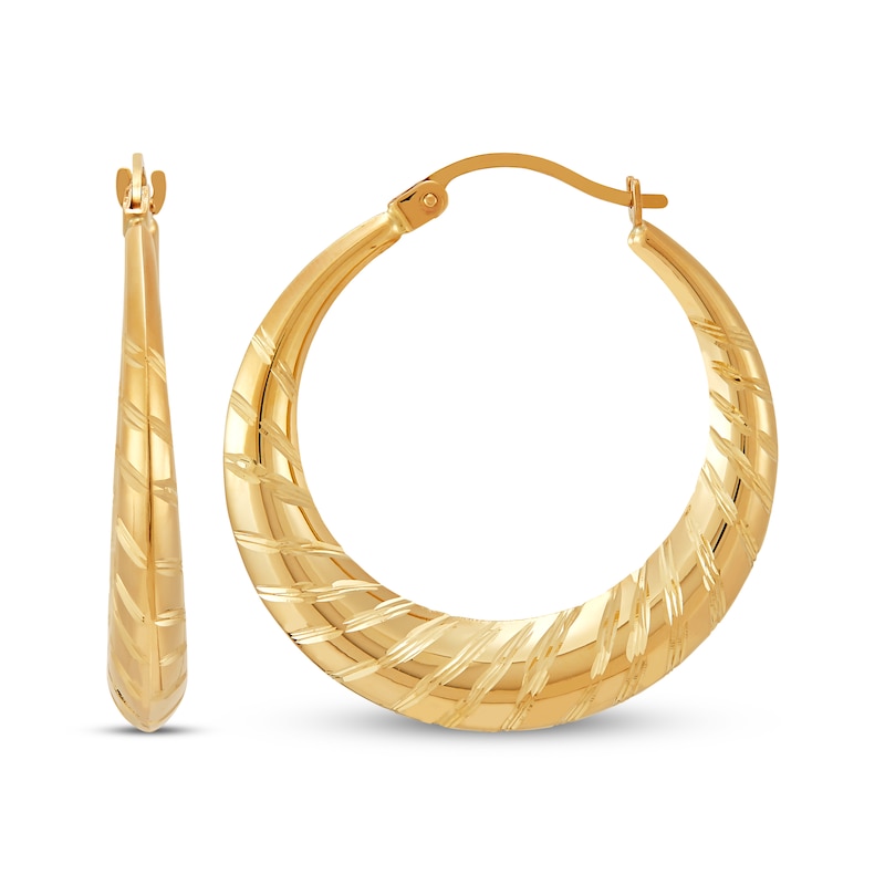 Diamond-Cut Tapered Puff Hoop Earrings 10K Yellow Gold 32.6mm