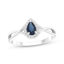 Pear-Shaped Natural Blue Sapphire & Diamond Halo Ring 1/15 ct tw 14K White Gold