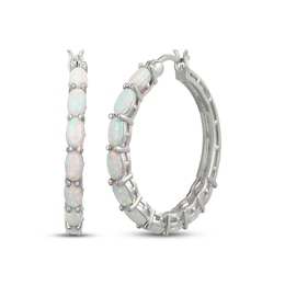 Oval-Cut Lab-Created Opal Hoop Earrings Sterling Silver