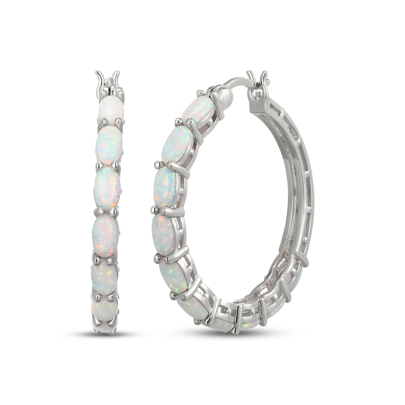 Main Image 1 of Oval-Cut Lab-Created Opal Hoop Earrings Sterling Silver