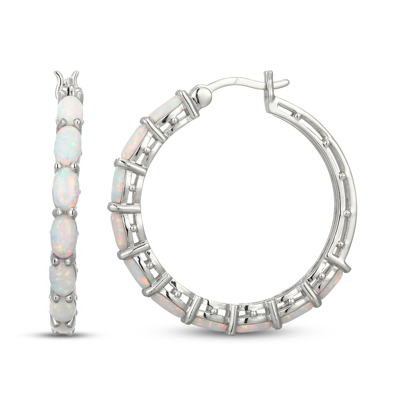 Main Image 3 of Oval-Cut Lab-Created Opal Hoop Earrings Sterling Silver