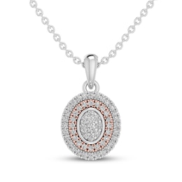 Multi-Diamond Oval Double Frame Necklace 1/5 ct tw Sterling Silver & 10K Rose Gold 18"