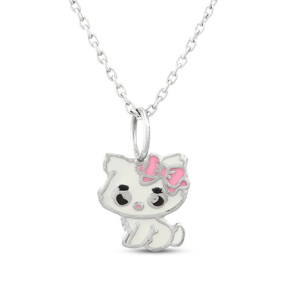Children's Cat with Bow Enamel Necklace Sterling Silver 14"