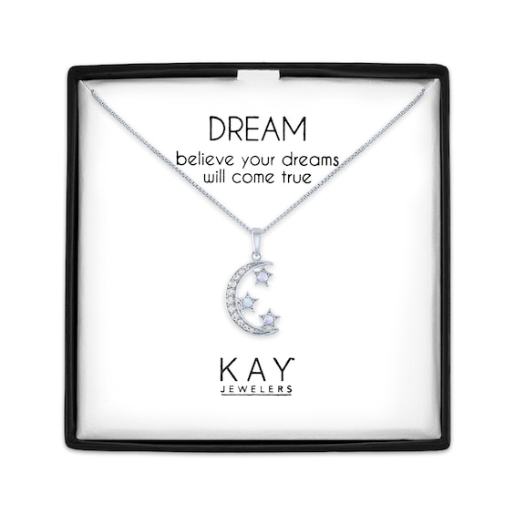 Moon & Star Necklace with Lab-Created Opals & White Lab-Created Sapphires Sterling Silver 18"