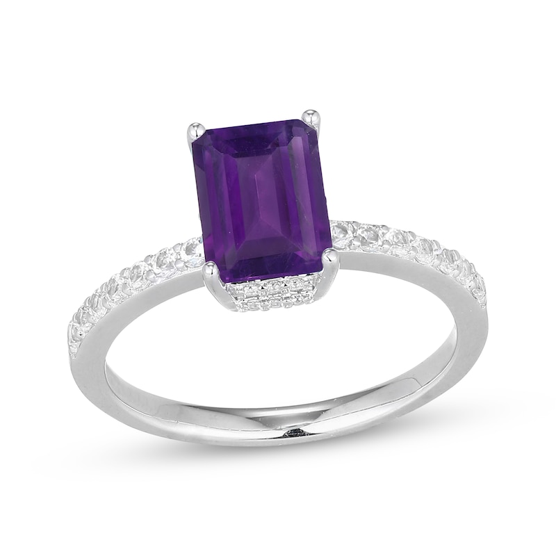 Main Image 1 of Emerald-Cut Amethyst & White Lab-Created Sapphire Hidden Halo Ring Sterling Silver
